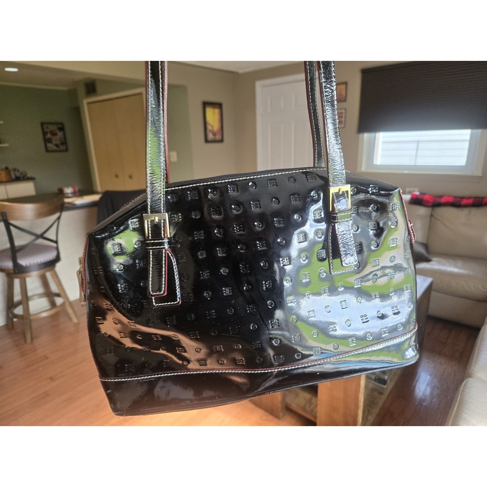 Arcadia Italy Black Patent Leather Embossed Tote Shoulder Bag Purse Red Trim Zip
